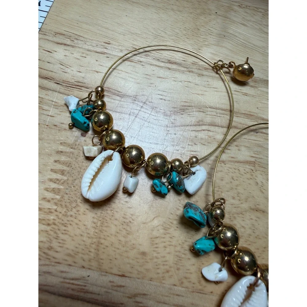 Hoop Earrings Gold Turquoise‎ Shell Bohemian Coastal Beachy Statement
